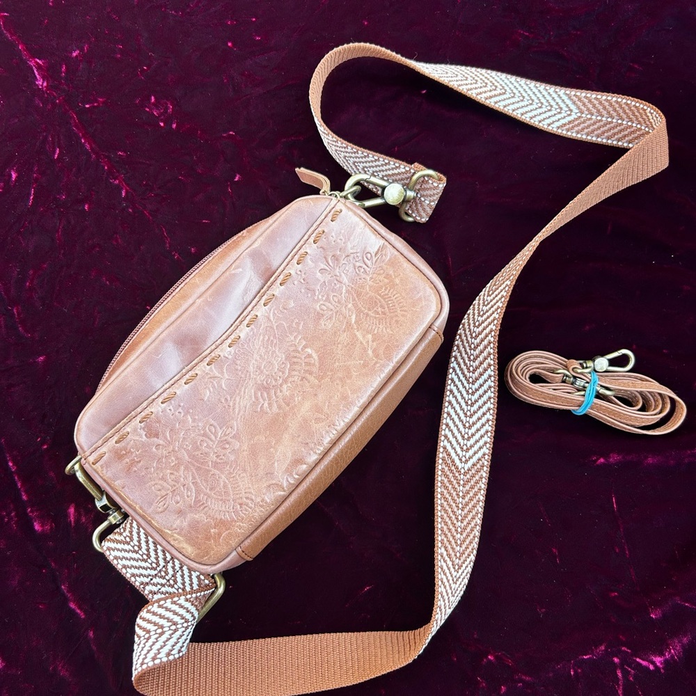 The Sak Tan Crossbody Bag with Patterned Strap